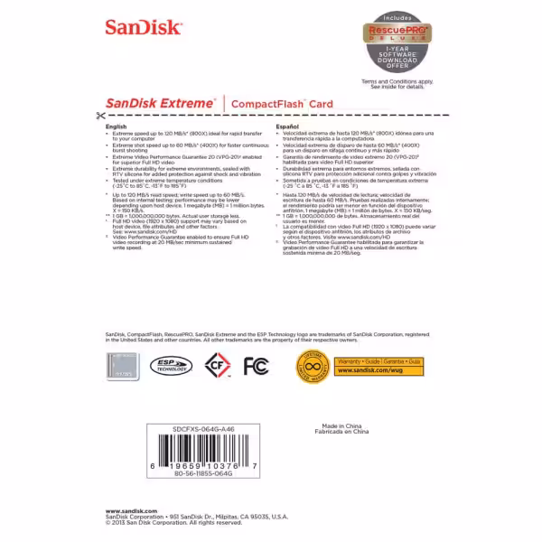 SanDisk Extreme 64GB UDMA7 CompactFlash Card (Black/Gold)