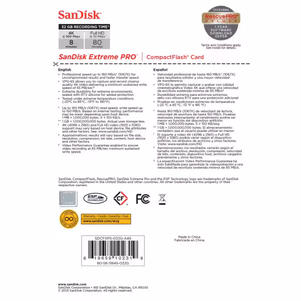 SanDisk 32GB Extreme Pro CompactFlash Memory Card