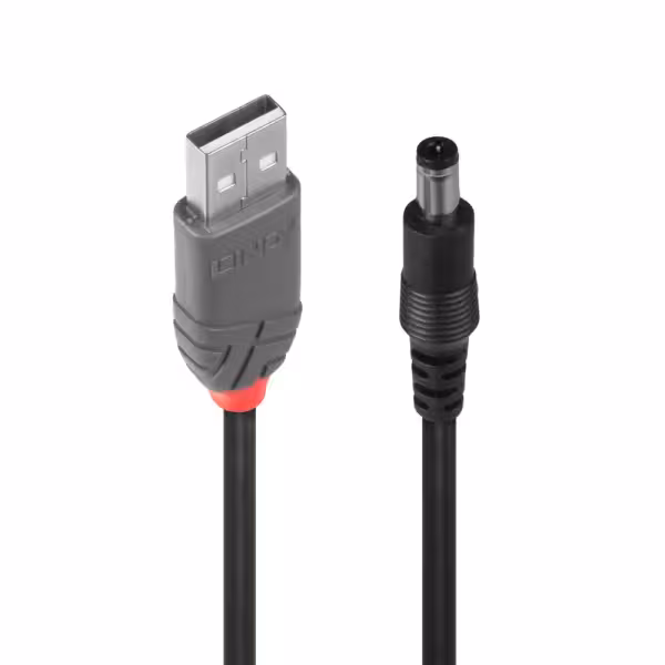 Lindy 70268 USB 2.0 Type A to 5.5mm/2.5mm DC Cable, 1.5m